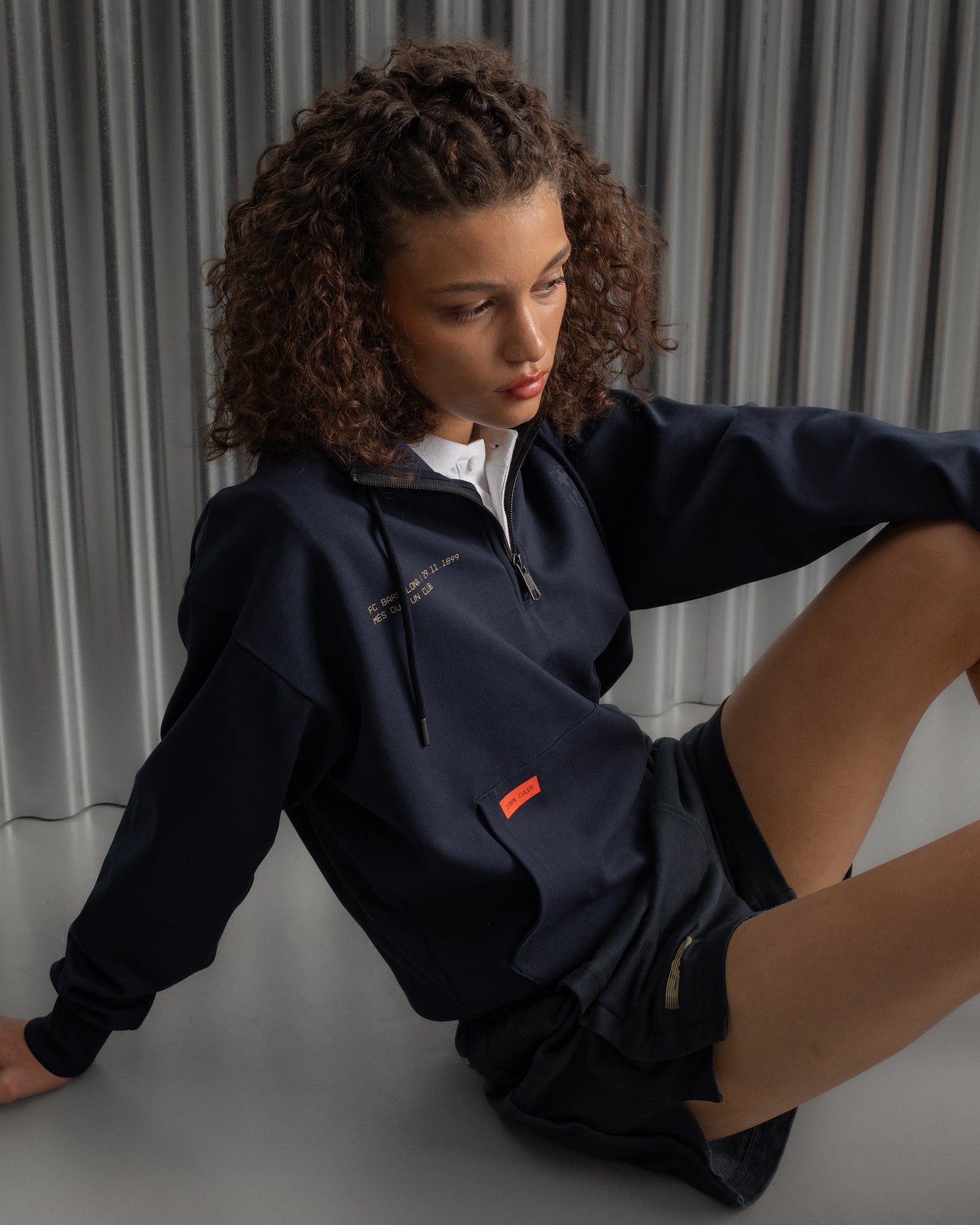 navy FC Barcelona sweatshirt with gold graphic design, club crest, and text 'Good Game Lover’s Crew since 1899'