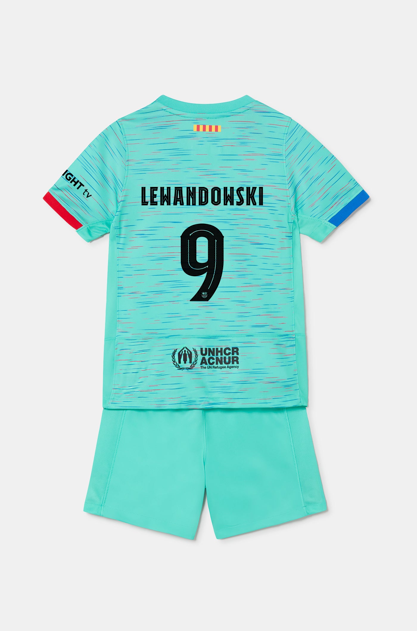 2023/2024 Barca Home #9 Robert Lewandowski Football Soccer Kids Jersey  Shorts Socks Set Youth Sizes