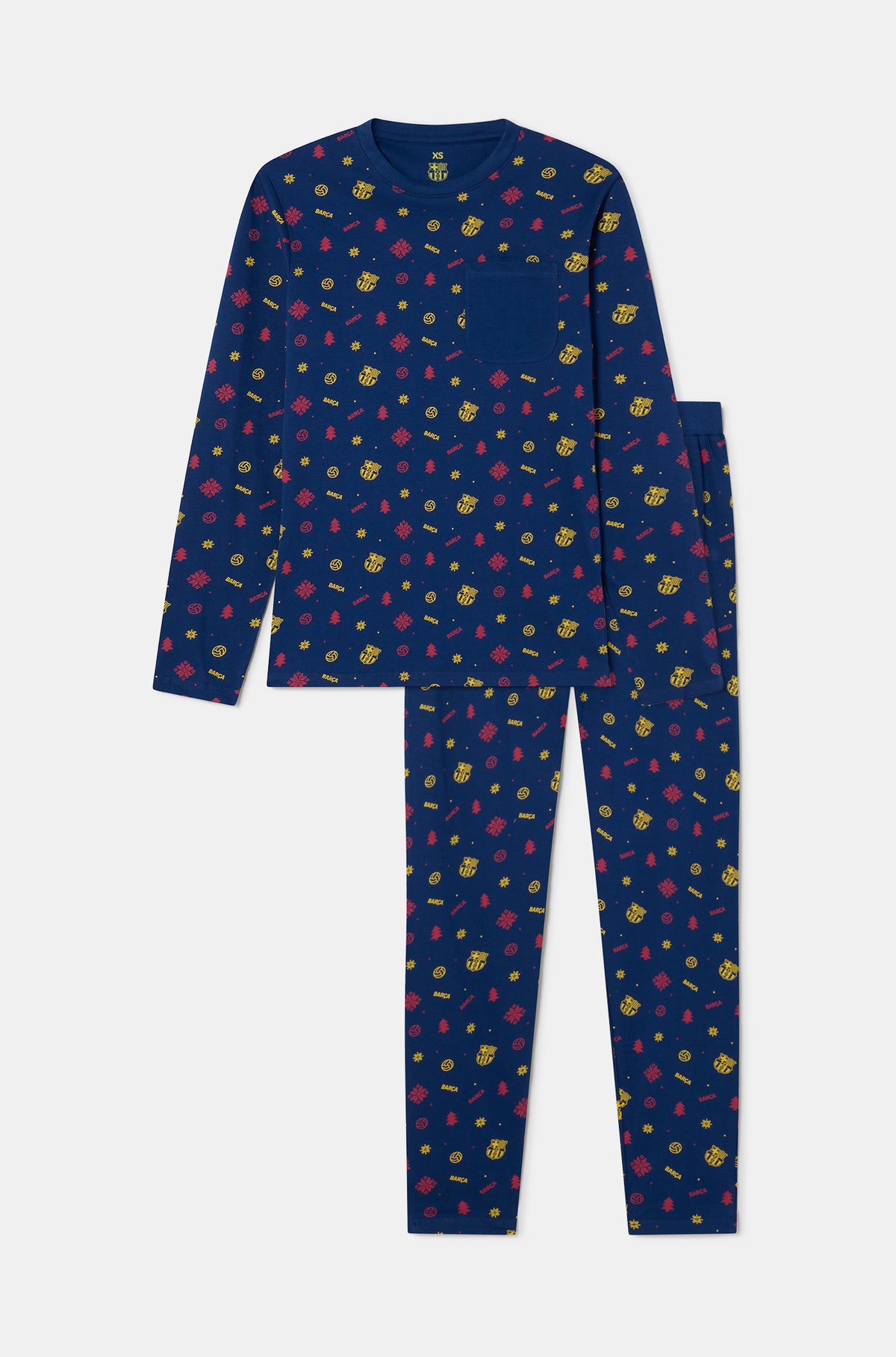 Navy FC Barcelona long-sleeve top and matching pants with an allover multicolor Barça print and chest pocket.