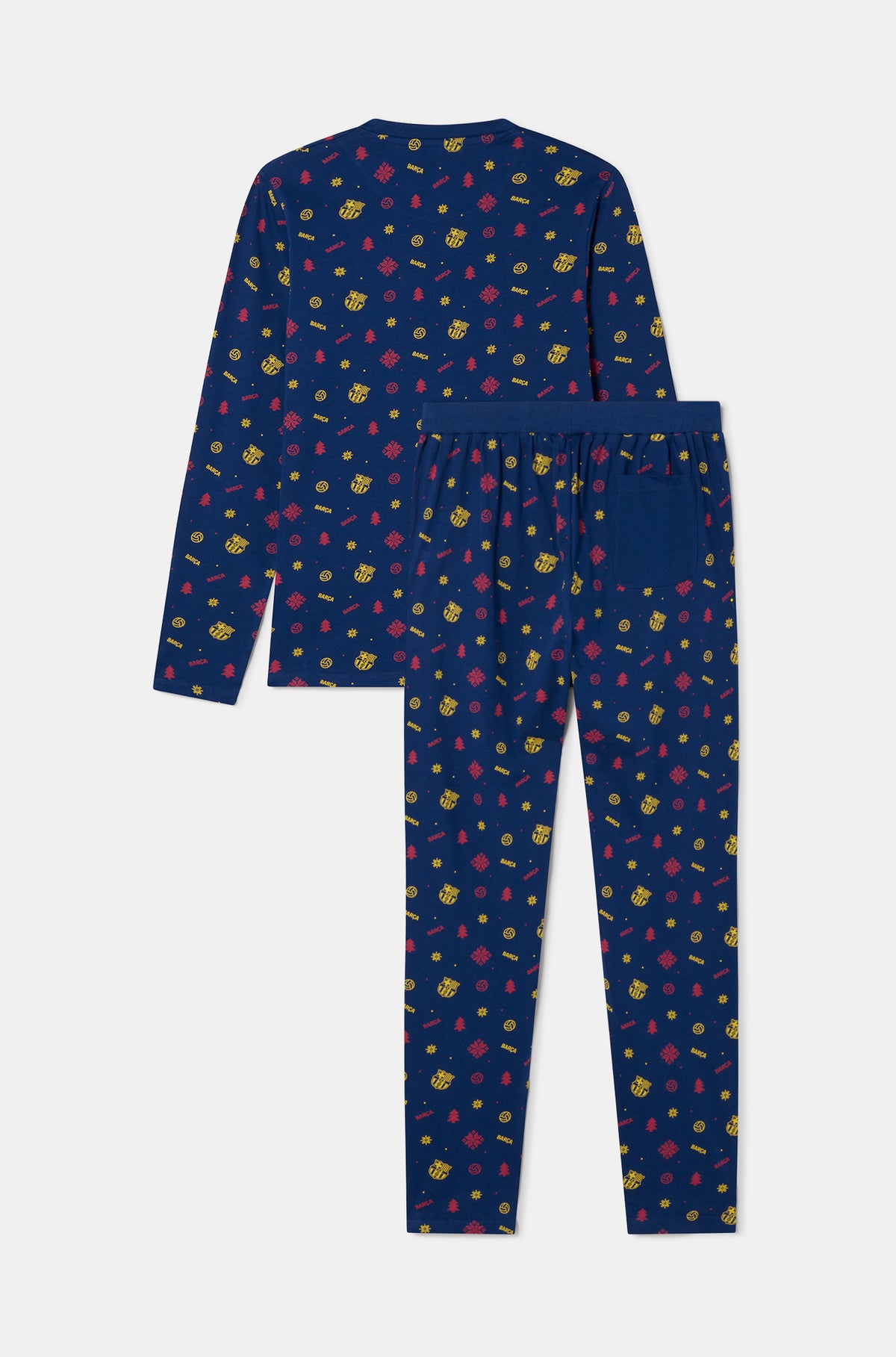 FC Barcelona navy long-sleeve top and matching trousers with an allover festive print of club crests, trees and stars in yellow and red.
