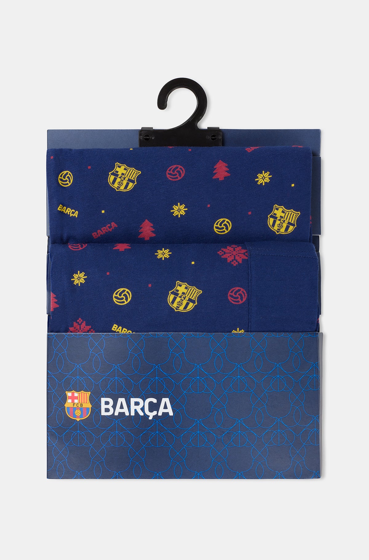 Folded navy FC Barcelona boxer shorts in a hanger pack, with repeated Barça crest and festive logo prints above a BARÇA-branded backing card.