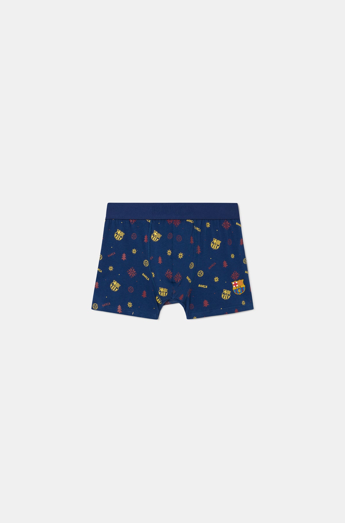 Vista frontal de calzoncillos bóxer azul marino de FC Barcelona con estampado integral de escudos del Barça e iconos festivos.