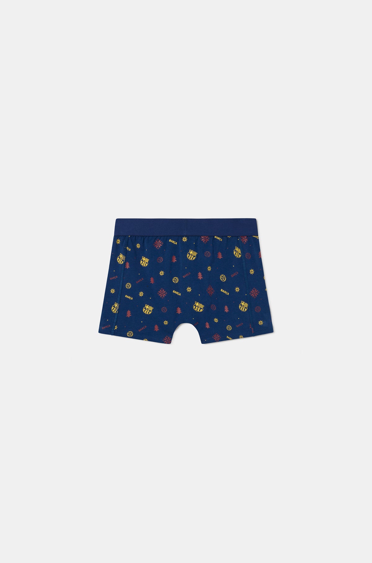 Vista frontal de un bóxer azul marino de FC Barcelona con estampado integral del escudo y el logo de Barça.