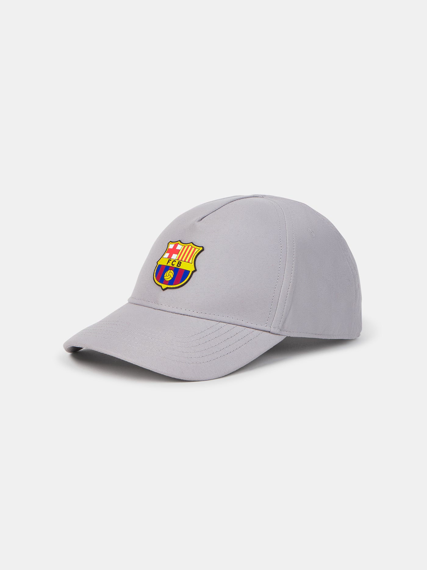 Light grey baseball cap featuring the FC Barcelona crest embroidered on the front panel.