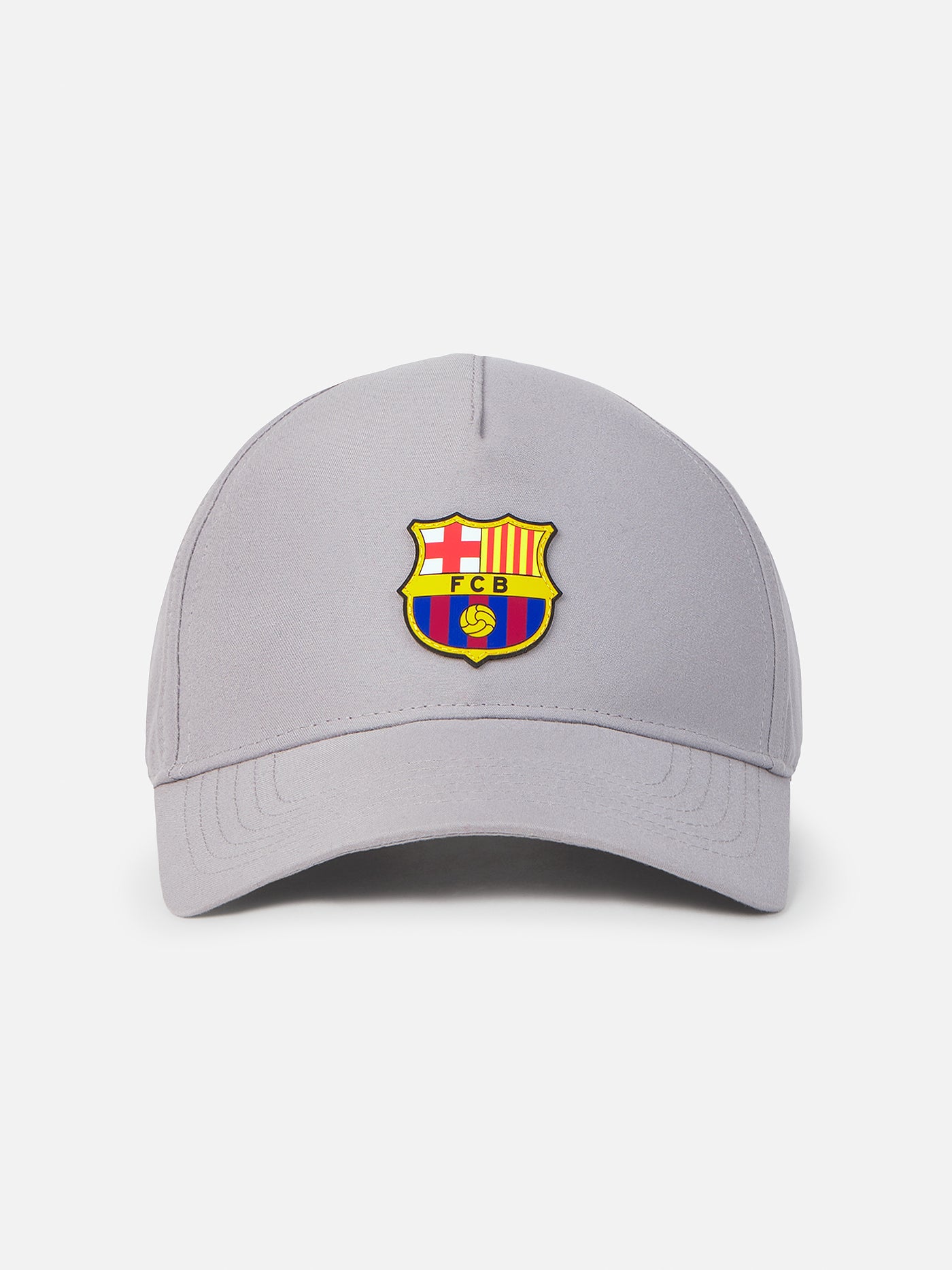 Light grey baseball cap featuring the FC Barcelona crest embroidered on the front panel.