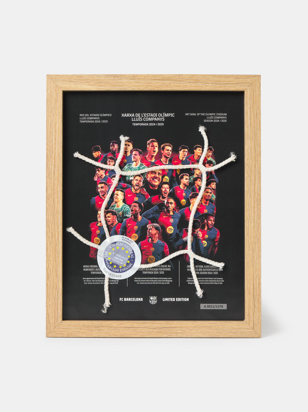 Framed limited edition FC Barcelona tribute featuring team players, Olympic Stadium reference, and a net with official match-used rope