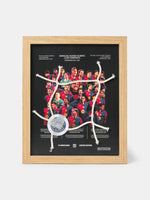Framed limited edition FC Barcelona tribute featuring team players, Olympic Stadium reference, and a net with official match-used rope
