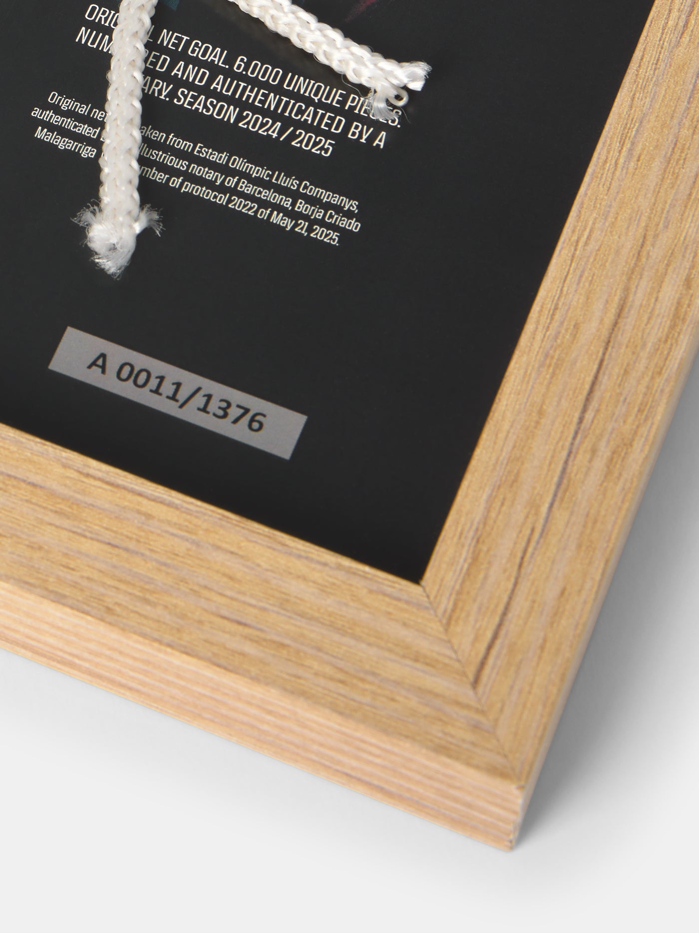 Framed limited edition FC Barcelona tribute featuring team players, Olympic Stadium reference, and a net with official match-used rope