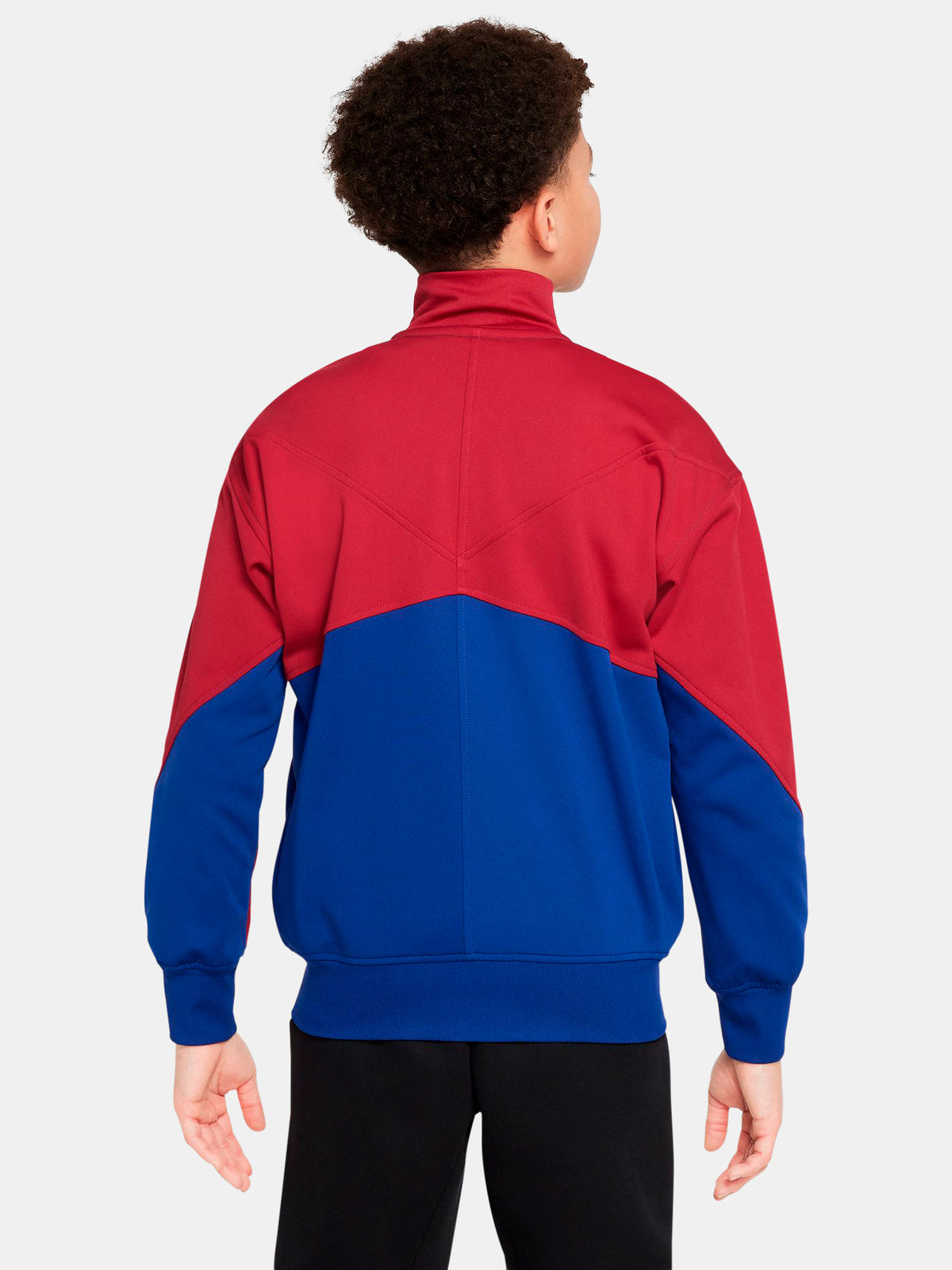 FC Barcelona retro-style jacket in blue and red with gold Nike logo and crest.
