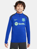 Blue FC Barcelona quarter-zip training top with neon green logos and black shoulder accents.