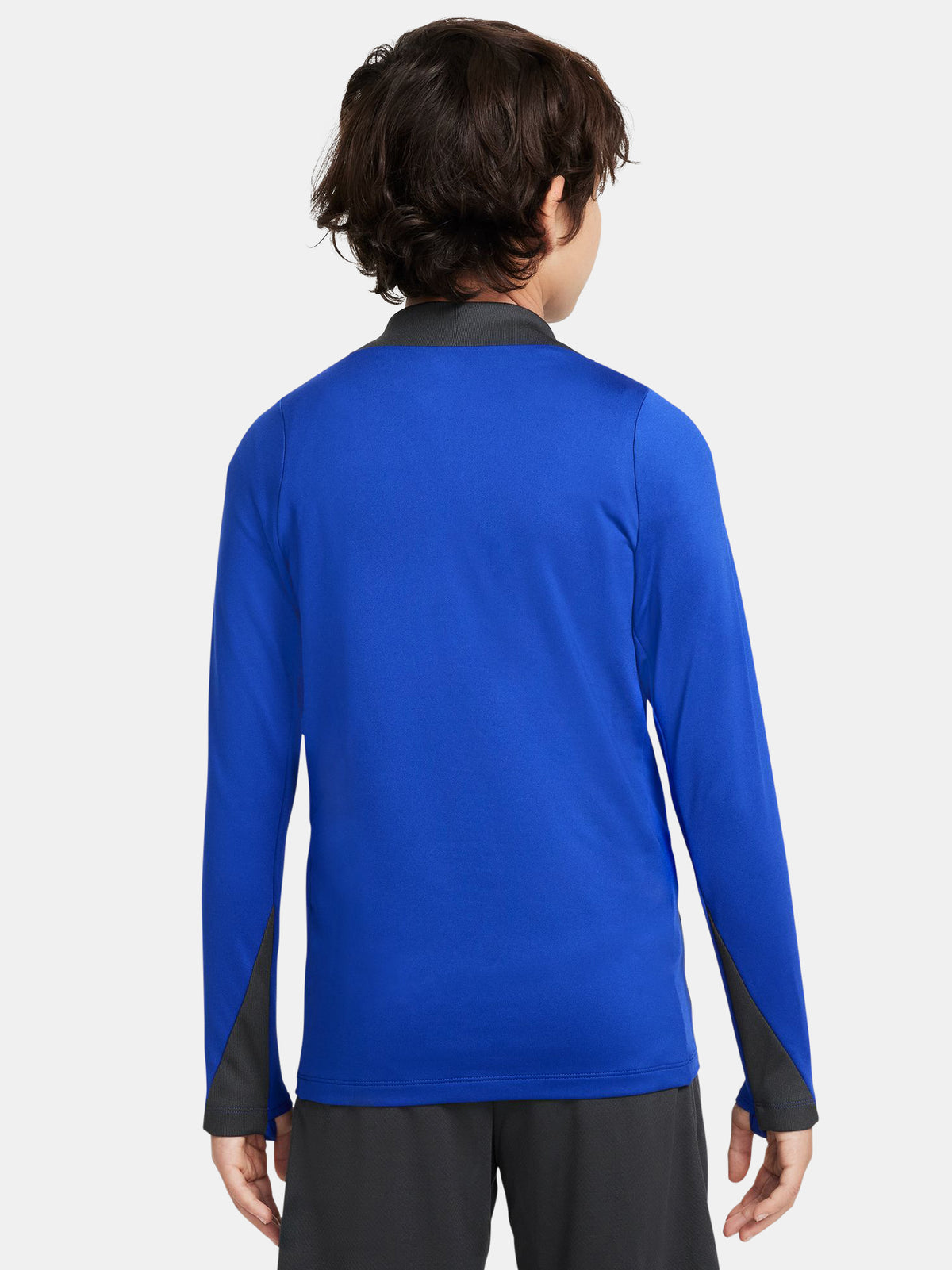 Blue FC Barcelona quarter-zip training top with neon green logos and black shoulder accents.