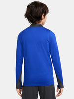 Blue FC Barcelona quarter-zip training top with neon green logos and black shoulder accents.