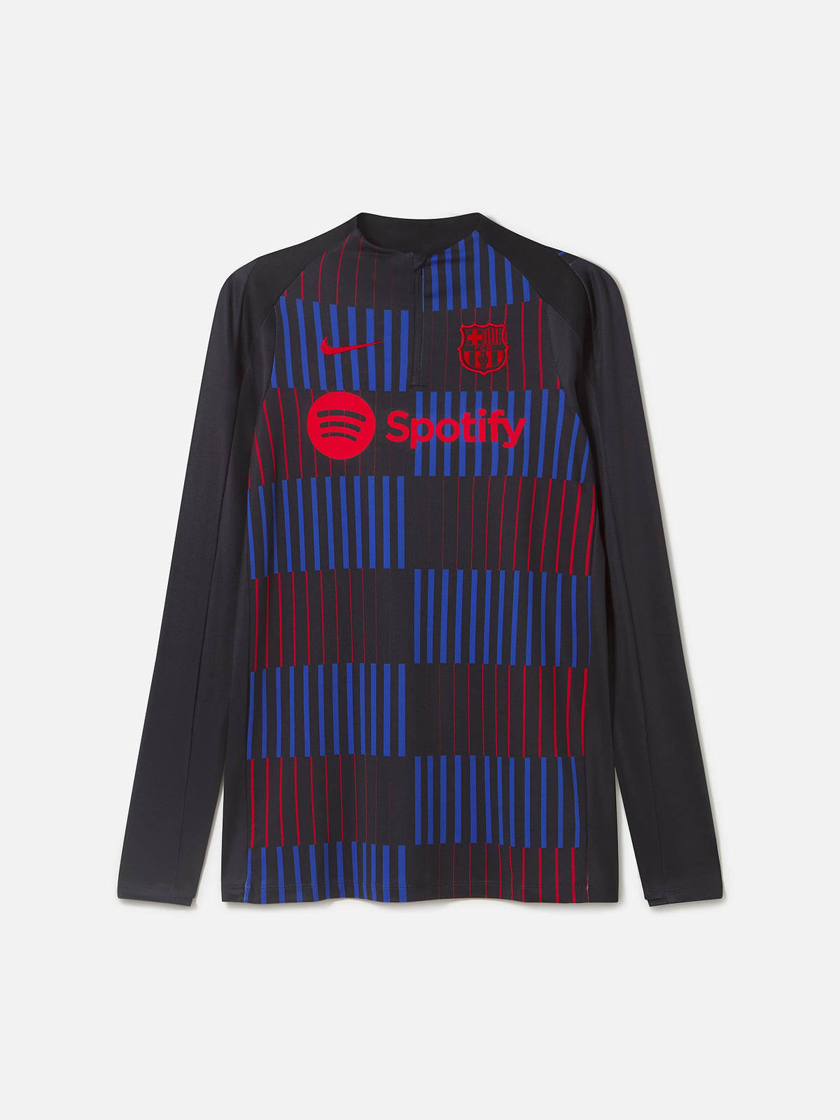 Long-sleeve FC Barcelona training top in black, featuring a dynamic vertical pattern of red and blue stripes on the front. Includes the red Nike logo, red Spotify sponsor logo, and the FC Barcelona crest in red.
