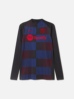 Long-sleeve FC Barcelona training top in black, featuring a dynamic vertical pattern of red and blue stripes on the front. Includes the red Nike logo, red Spotify sponsor logo, and the FC Barcelona crest in red.