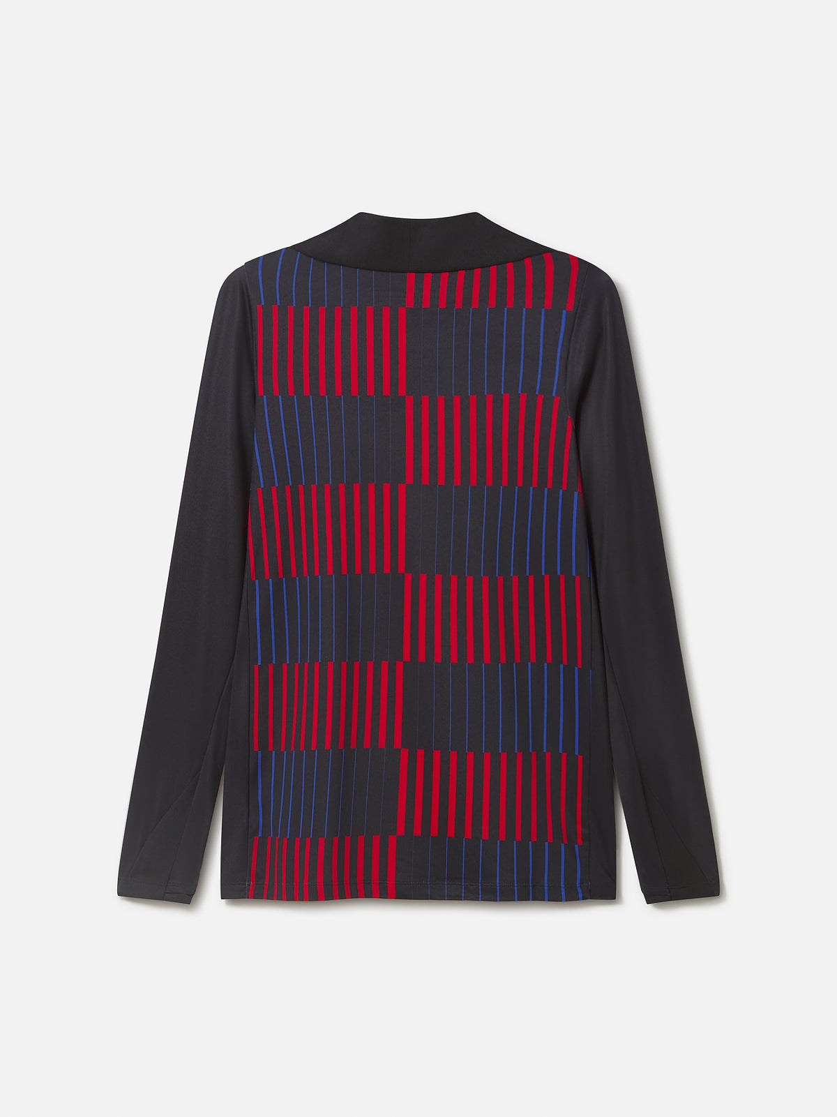 Long-sleeve FC Barcelona training top in black, featuring a dynamic vertical pattern of red and blue stripes on the front. Includes the red Nike logo, red Spotify sponsor logo, and the FC Barcelona crest in red.