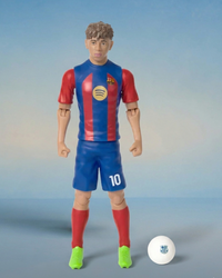 Action figure of a soccer player in blue and red uniform with a ball on a gradient background