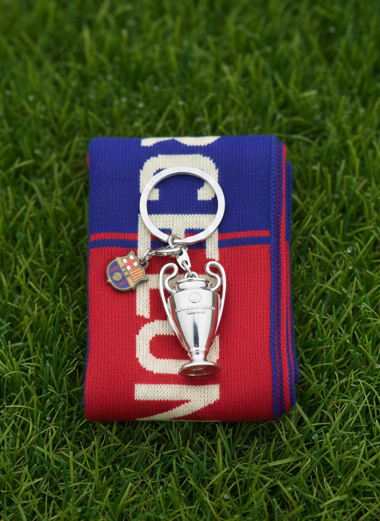 Keychain with trophy design on a red and blue fabric pouch on grass