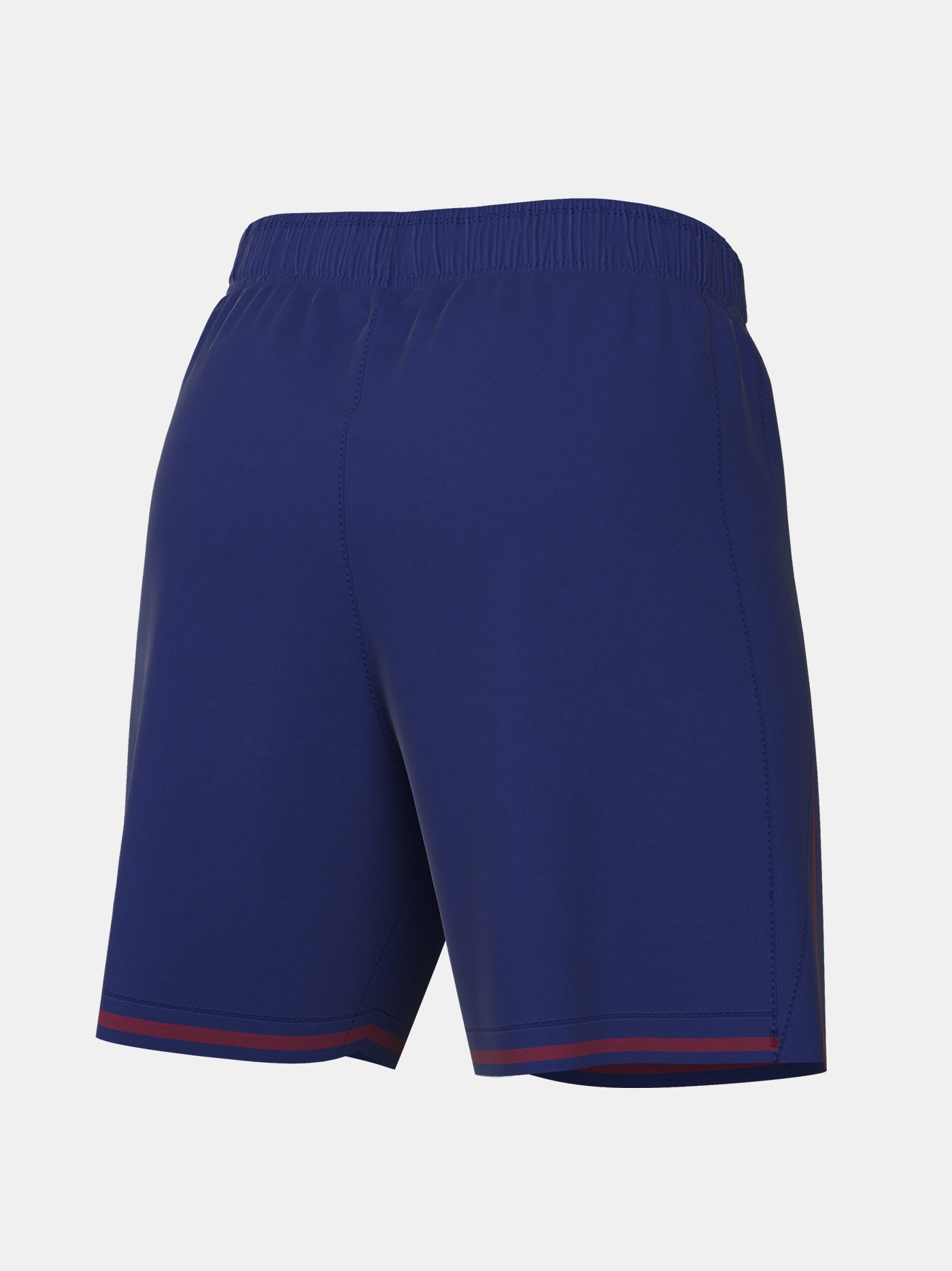 FC Barcelona 2025/26 home shorts in deep blue with red and navy side detailing, featuring the club crest on the right leg and yellow Nike swoosh on the left
