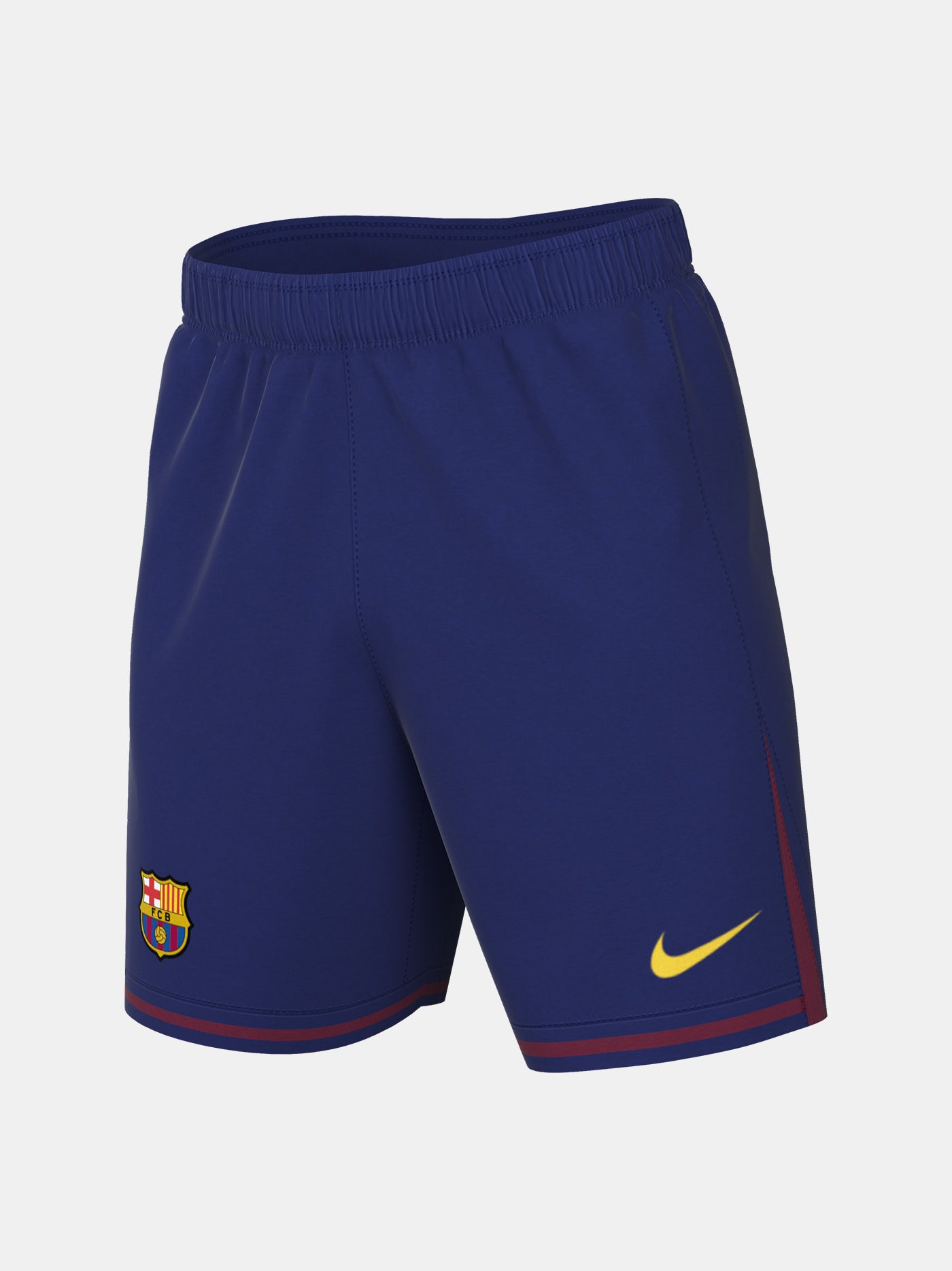 FC Barcelona 2025/26 home shorts in deep blue with red and navy side detailing, featuring the club crest on the right leg and yellow Nike swoosh on the left








