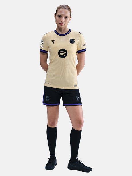 FC Barcelona gold away jersey with black details, featuring the club crest, Nike logo, Spotify sponsor, and Kobe Bryant tribute logo