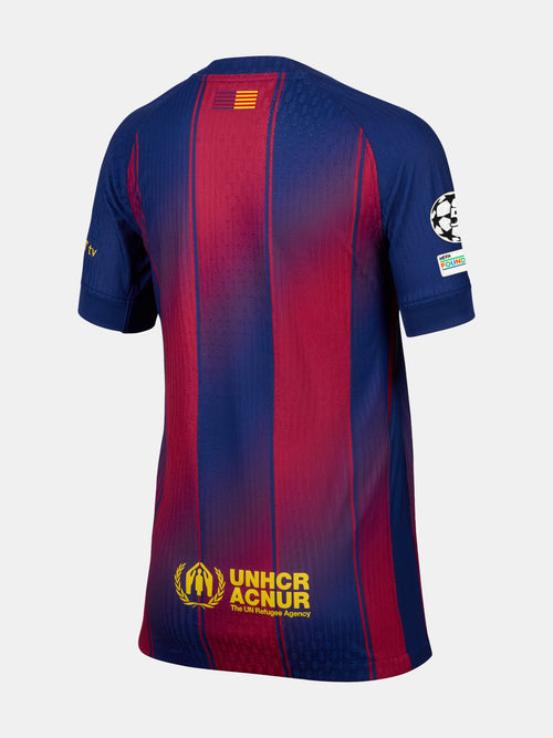  the official FC Barcelona 2025/26 home jersey yellow Nike and Spotify logos, and UEFA Champions League patch on the sleeve.