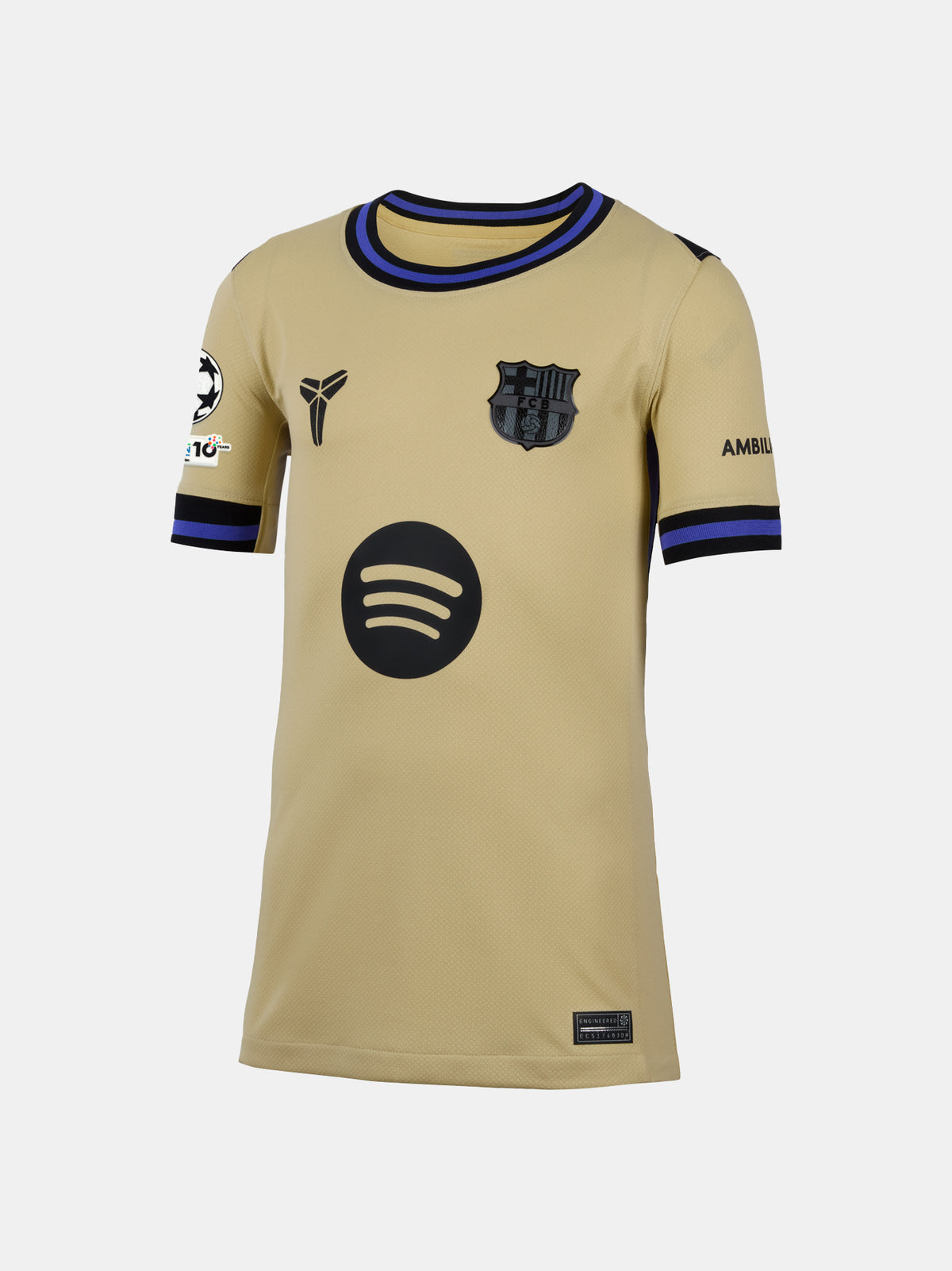 Beige sports jersey with black logo and branding on a white background