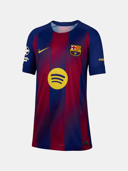  the official FC Barcelona 2025/26 home jersey yellow Nike and Spotify logos, and UEFA Champions League patch on the sleeve.
