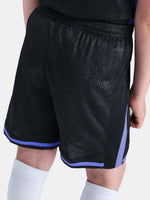 Black shorts with purple accents worn by a person on a white background