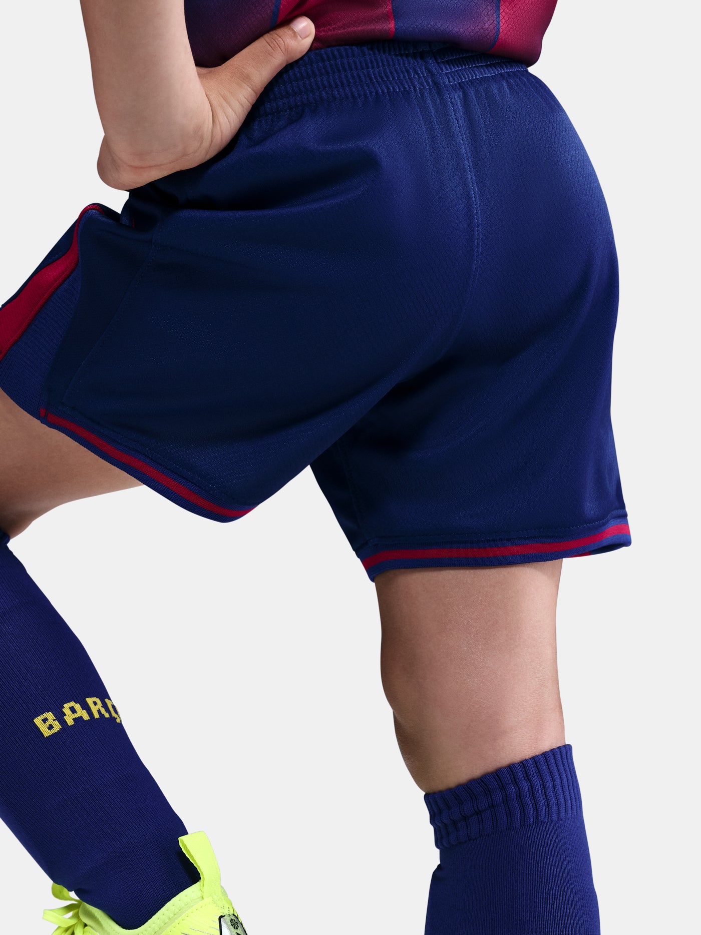 Little Kids FC Barcelona home kit including red and blue jersey, matching shorts and socks, with yellow Nike logos and Spotify sponsor.