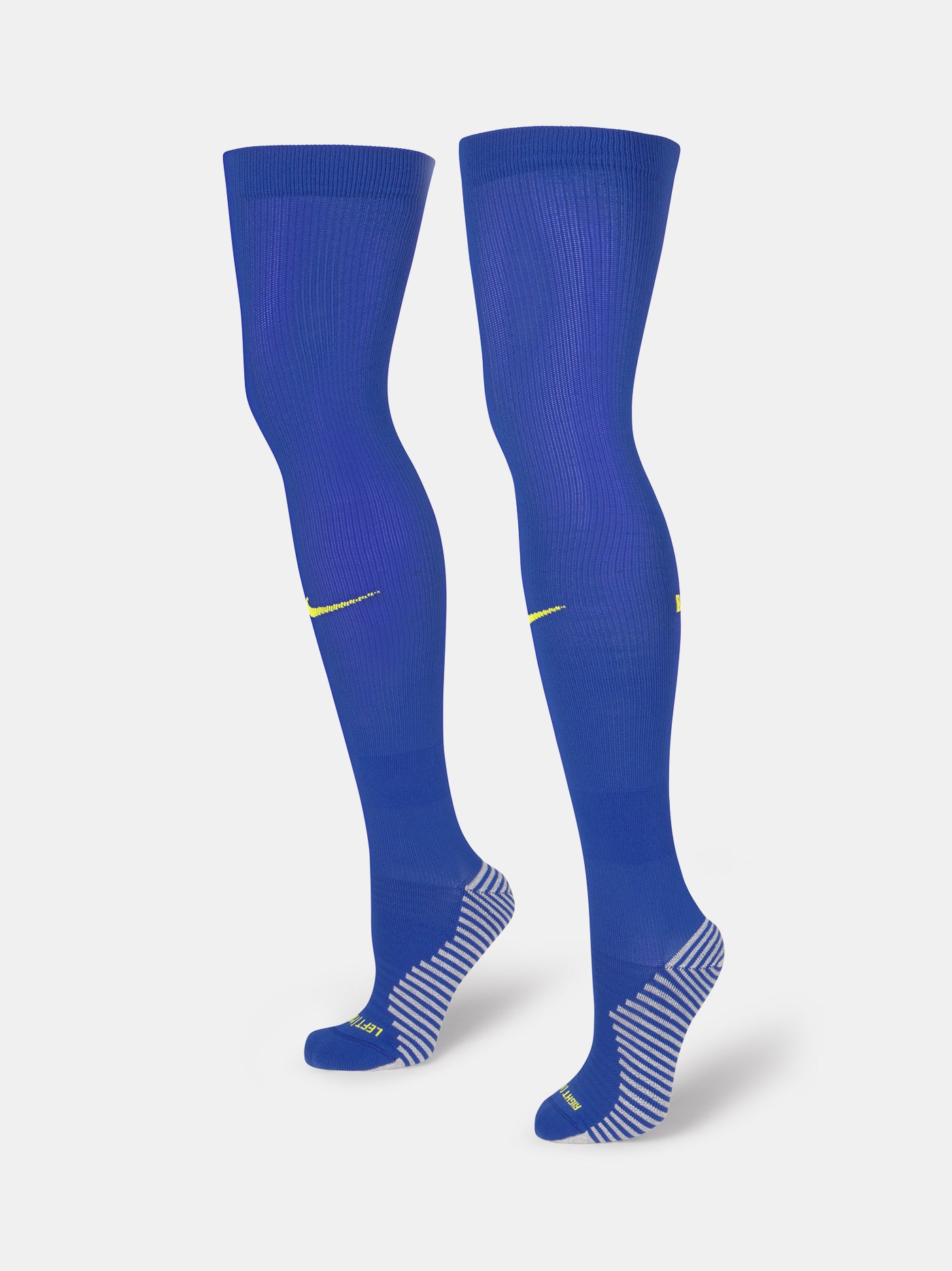 Blue Nike sock with yellow swoosh logo on a white background