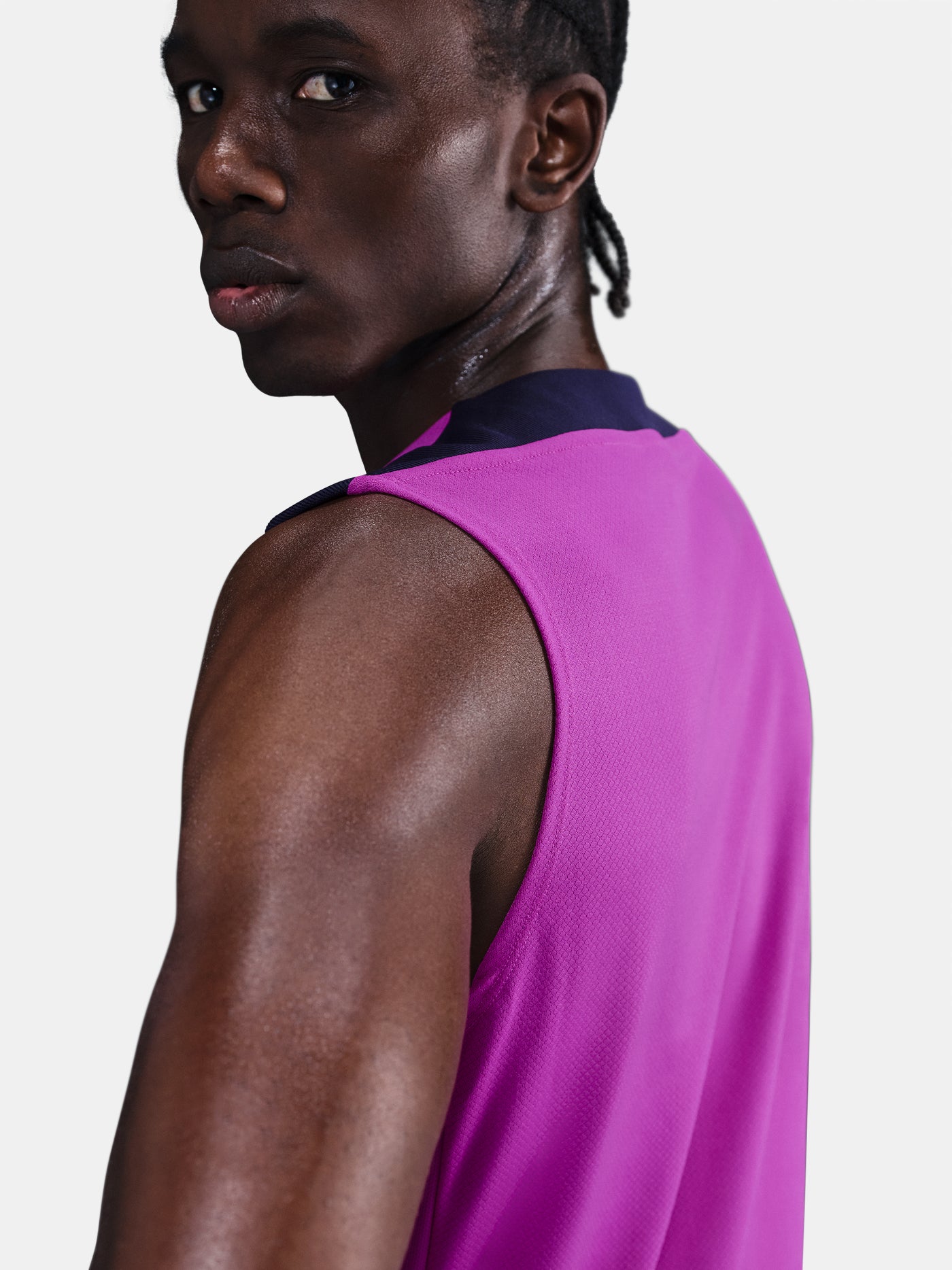 Purple FC Barcelona tank with yellow Nike logo, club crest, and Spotify sponsor on the front.