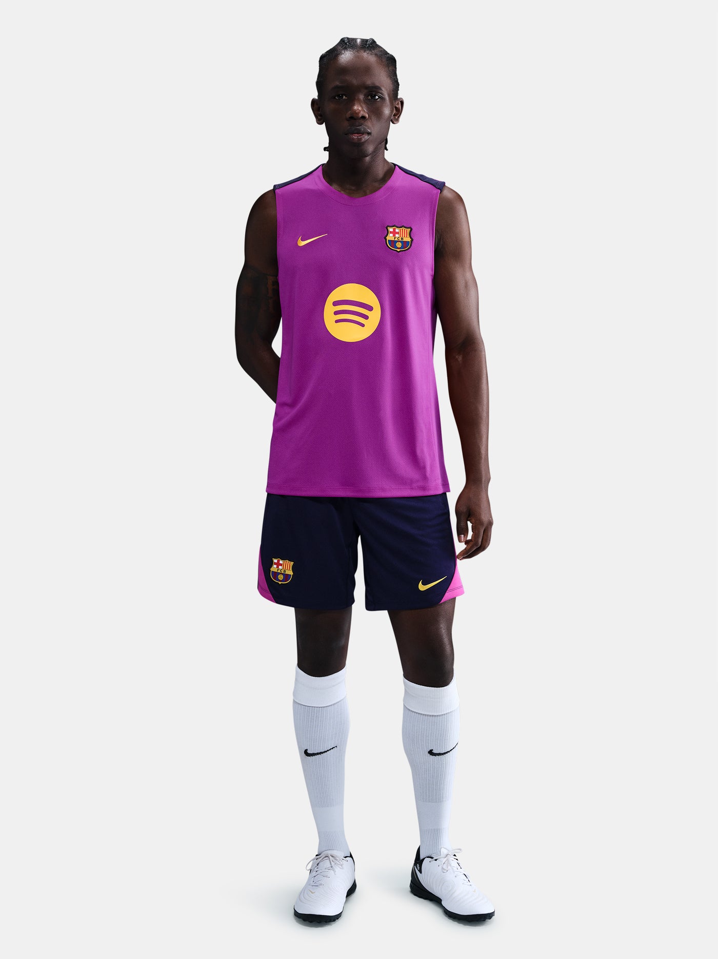 Purple FC Barcelona tank with yellow Nike logo, club crest, and Spotify sponsor on the front.