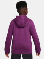 Child wearing a purple hoodie on a white background