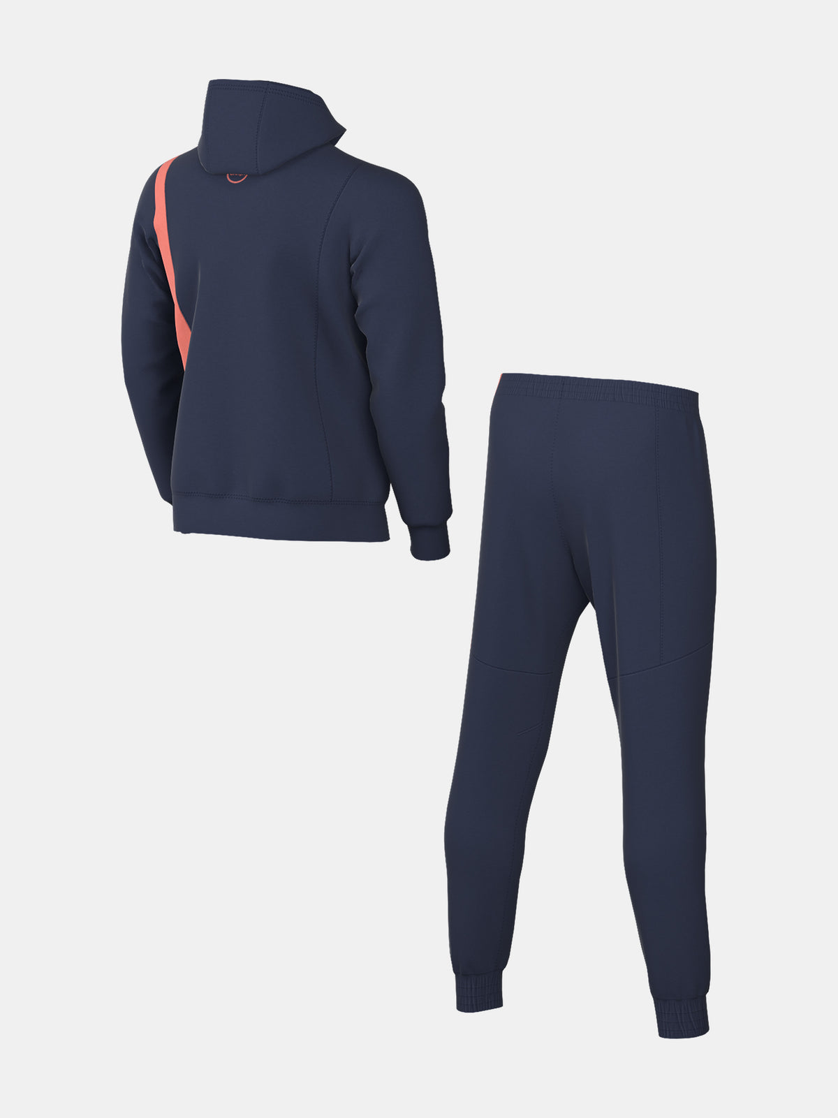 Kid wearing a navy blue FC Barcelona Nike tracksuit with coral details, featuring the club crest and Nike swoosh on the jacket.