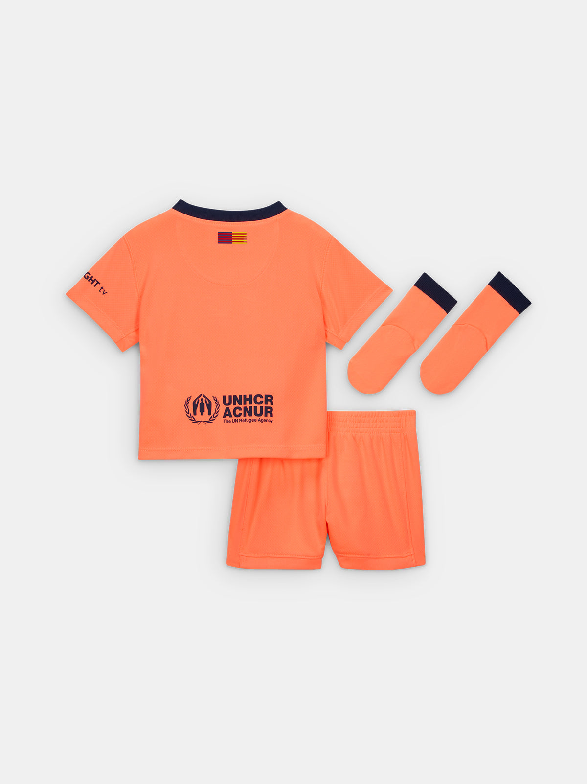 FC Barcelona 2025/26 third kit for toddlers in orange with navy blue details, including shirt, shorts, and socks.