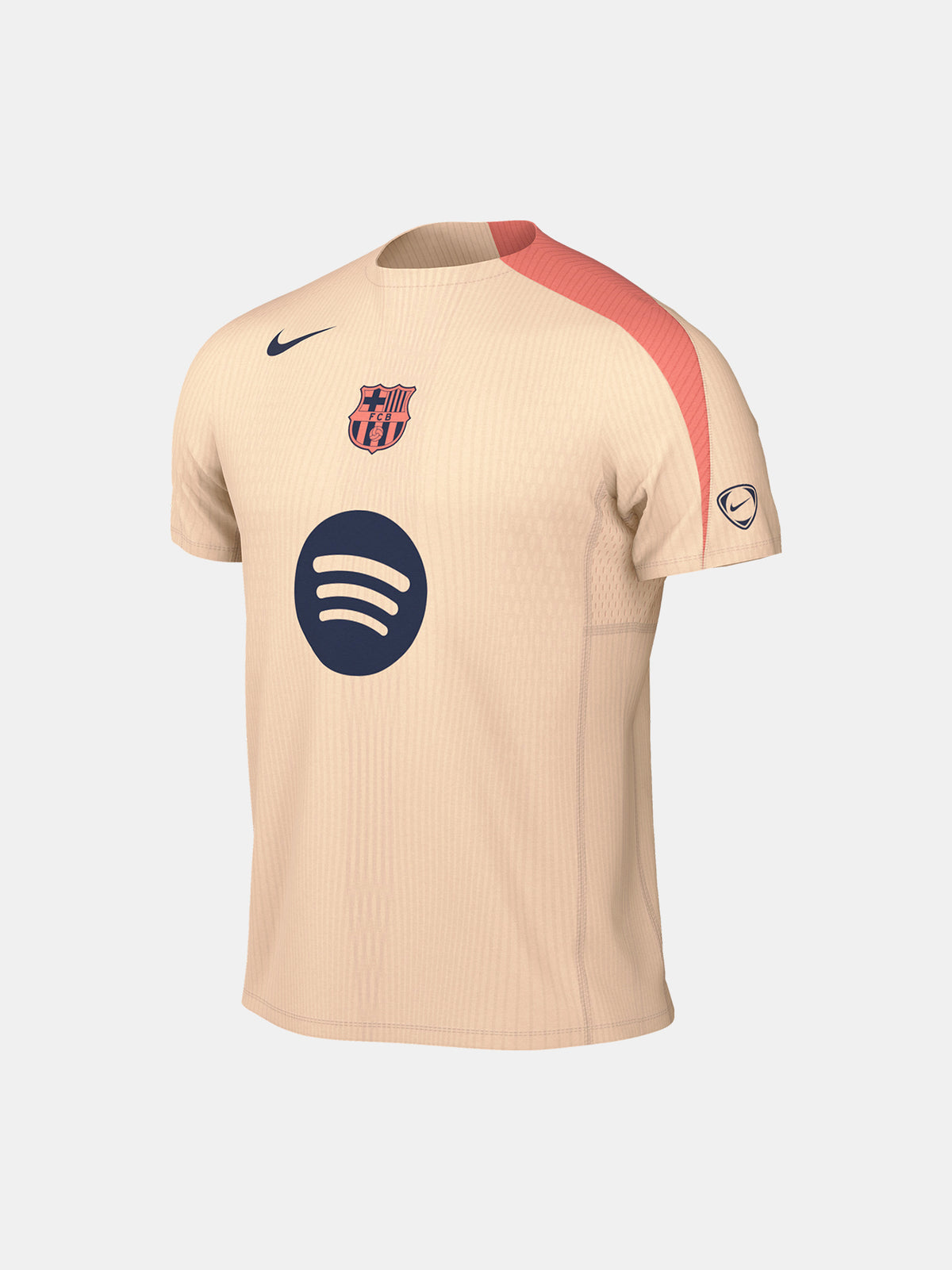 FC Barcelona light pink training jersey with navy Nike logo, Spotify sponsor, and club crest on the chest.
