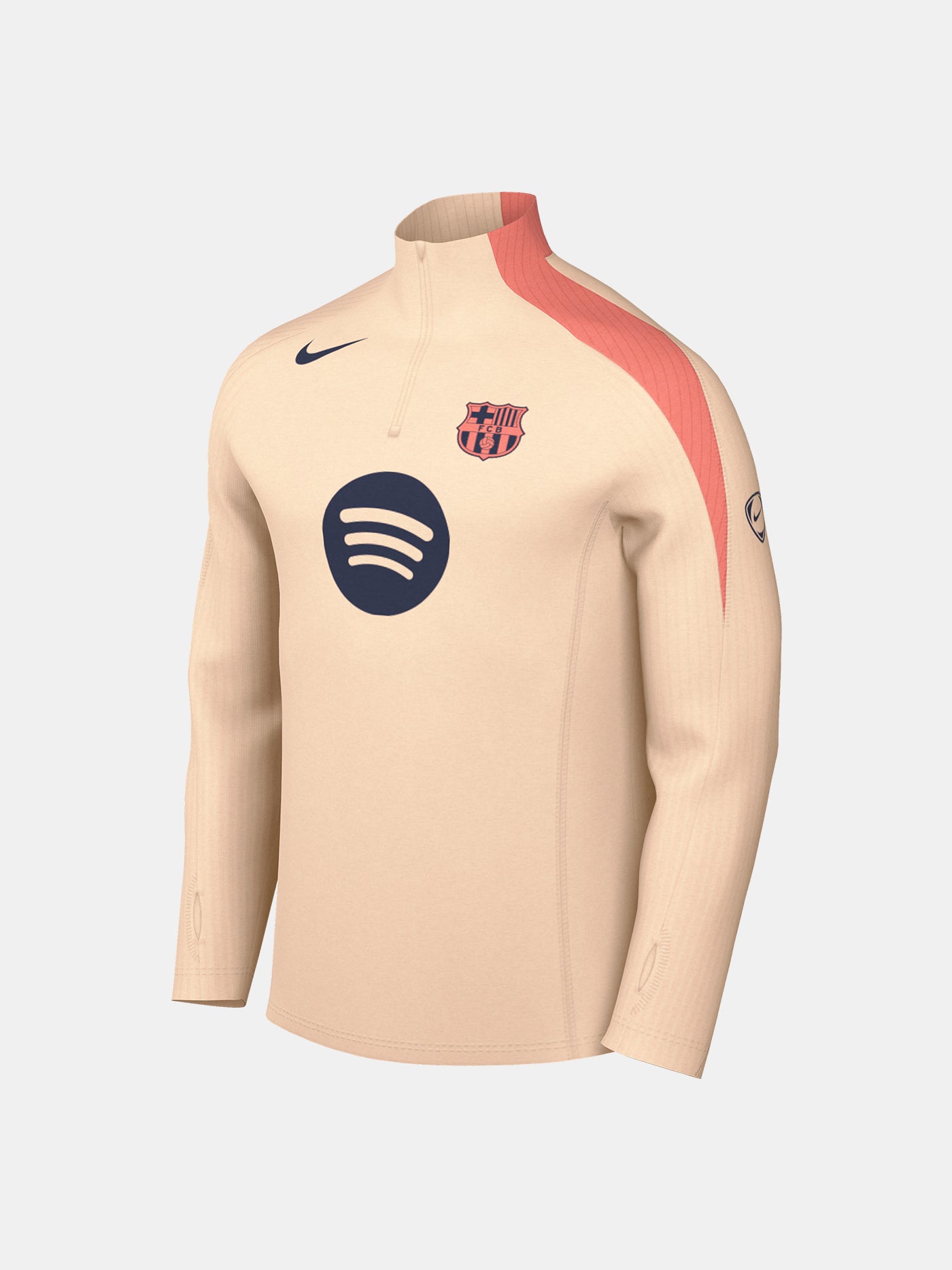 FC Barcelona long-sleeve peach training top with navy Nike logo, club crest, Spotify sponsor, and coral shoulder detail