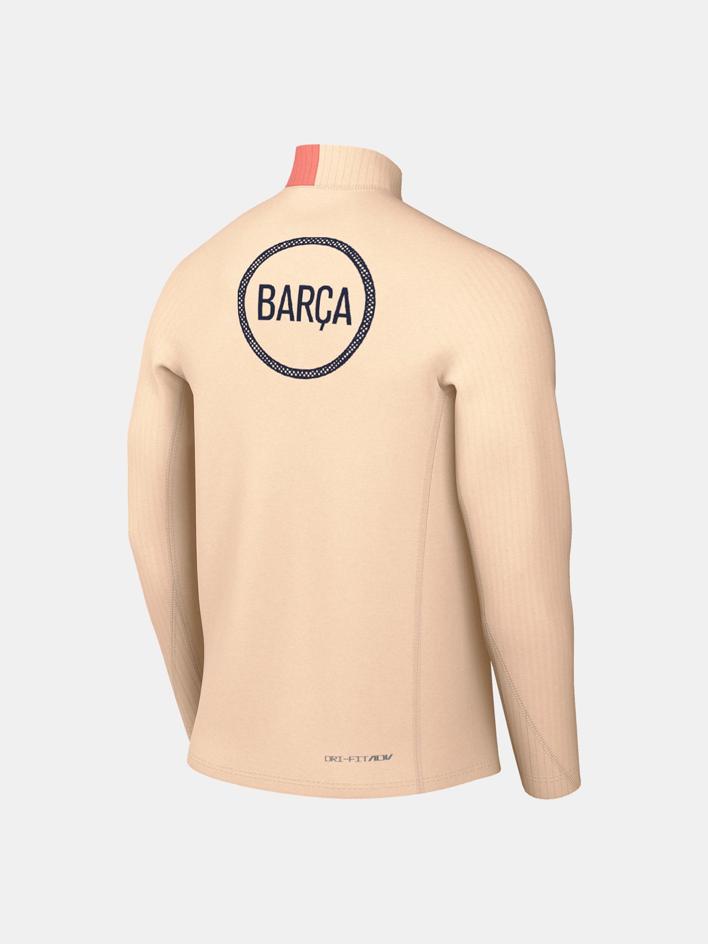 FC Barcelona long-sleeve peach training top with navy Nike logo, club crest, Spotify sponsor, and coral shoulder detail