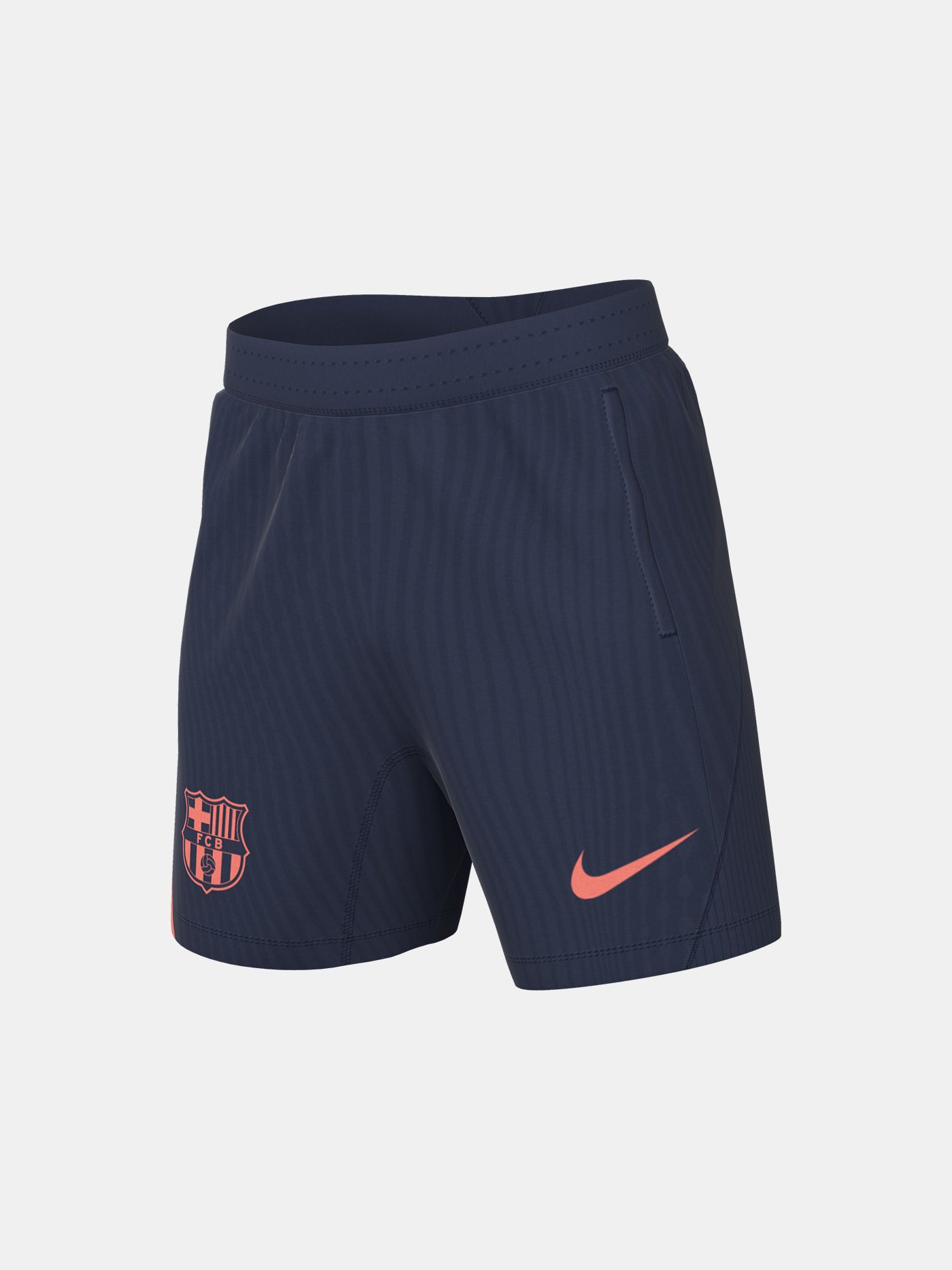 FC Barcelona navy blue training shorts with coral Nike logo and club crest
