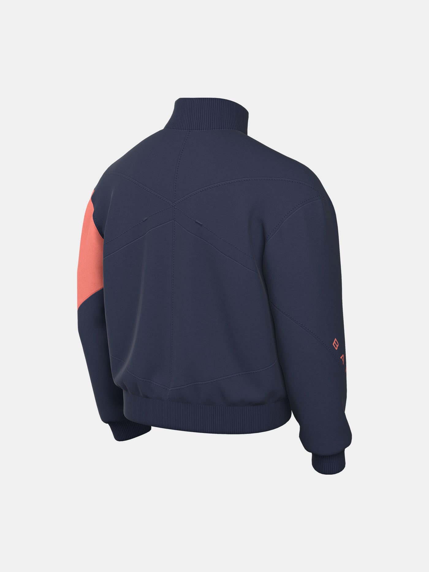 FC Barcelona navy blue jacket with coral details, including a coral sleeve, zipper, Nike logo, and club crest, paired with white Nike pants.