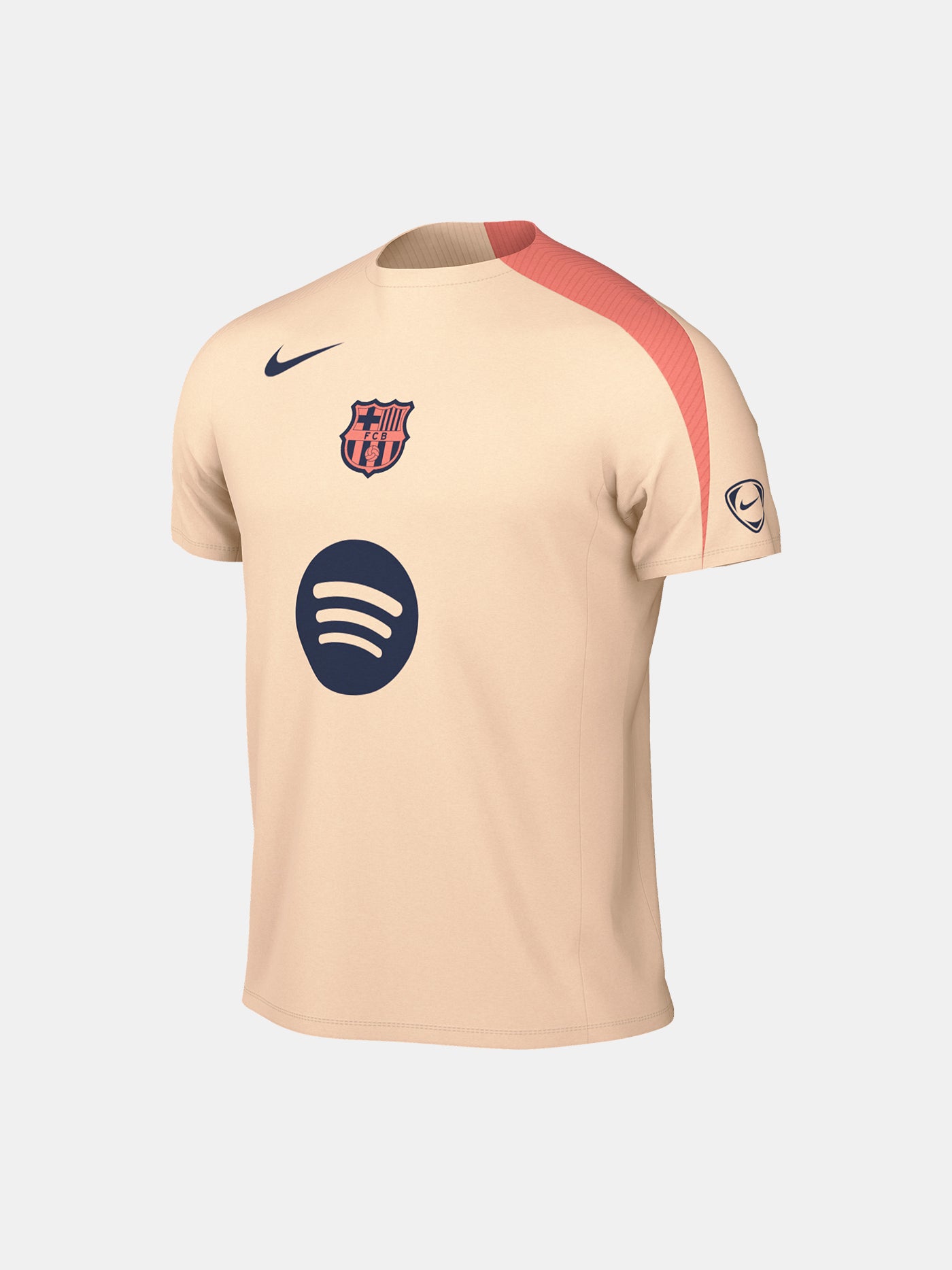 FC Barcelona light pink training jersey with navy Nike logo, Spotify sponsor, and club crest on the chest.