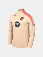 FC Barcelona long-sleeve peach training top with navy Nike logo, club crest, Spotify sponsor, and coral shoulder detail