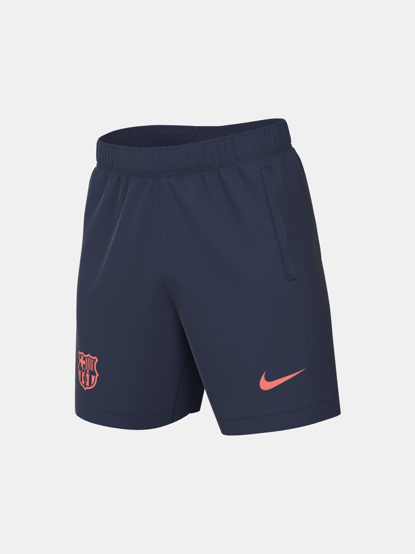 FC Barcelona navy blue training shorts with coral Nike logo and club crest