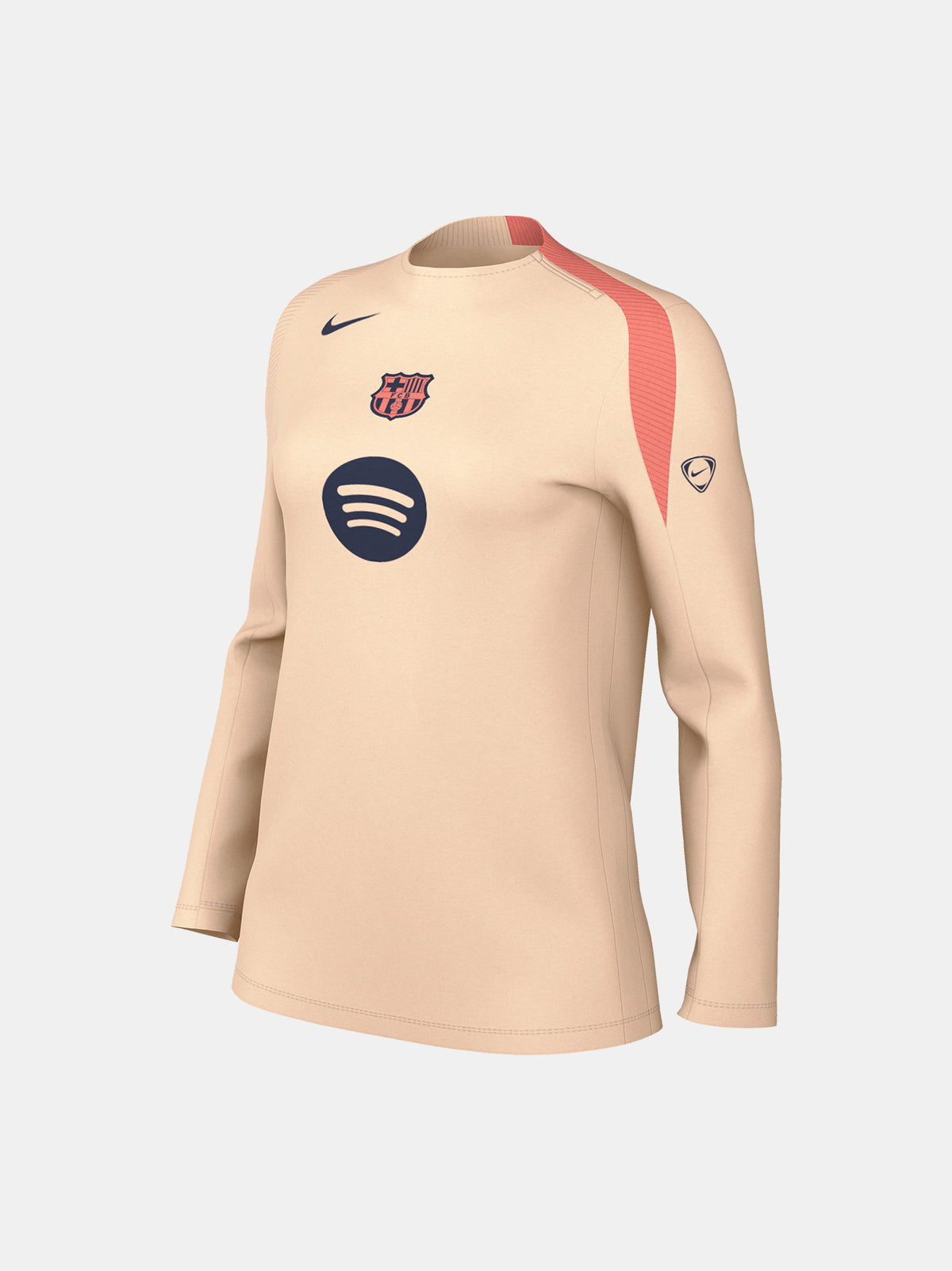 FC Barcelona long-sleeve peach training top with navy Nike logo, club crest, Spotify sponsor, and coral shoulder detail