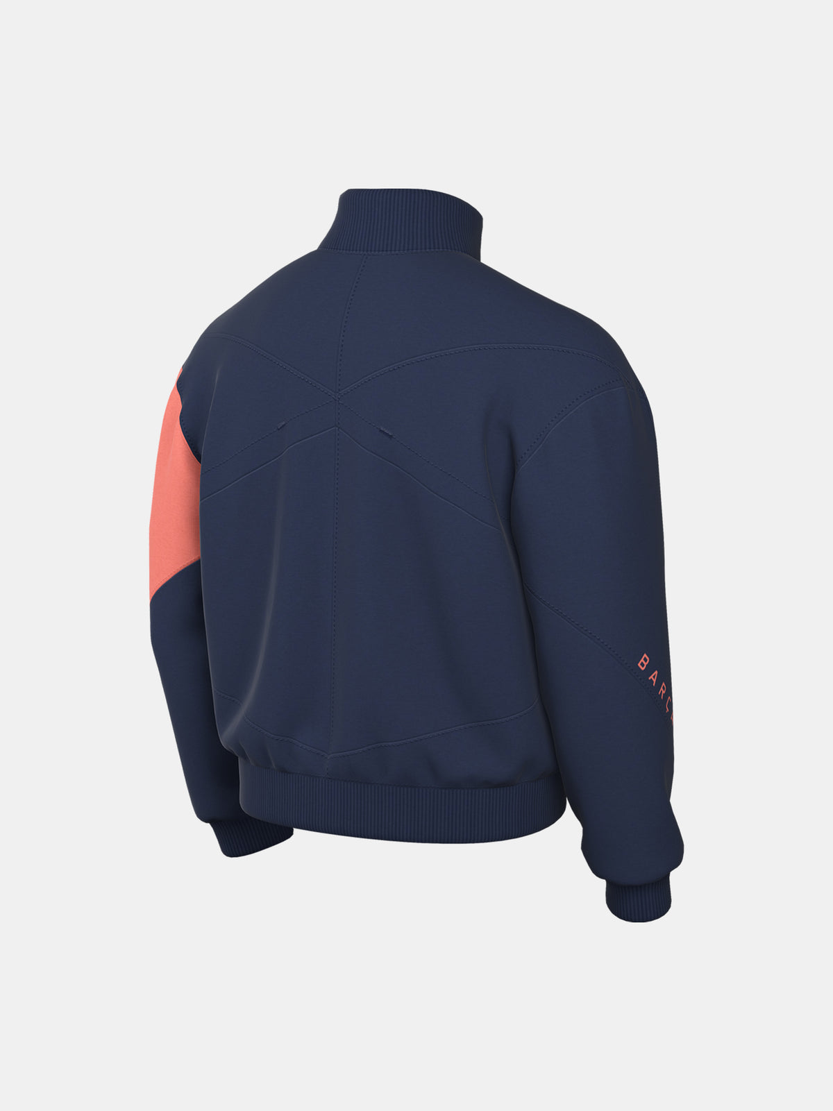 FC Barcelona navy blue jacket with coral details, including a coral sleeve, zipper, Nike logo, and club crest, paired with white Nike pants.