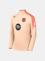 FC Barcelona long-sleeve peach training top with navy Nike logo, club crest, Spotify sponsor, and coral shoulder detail