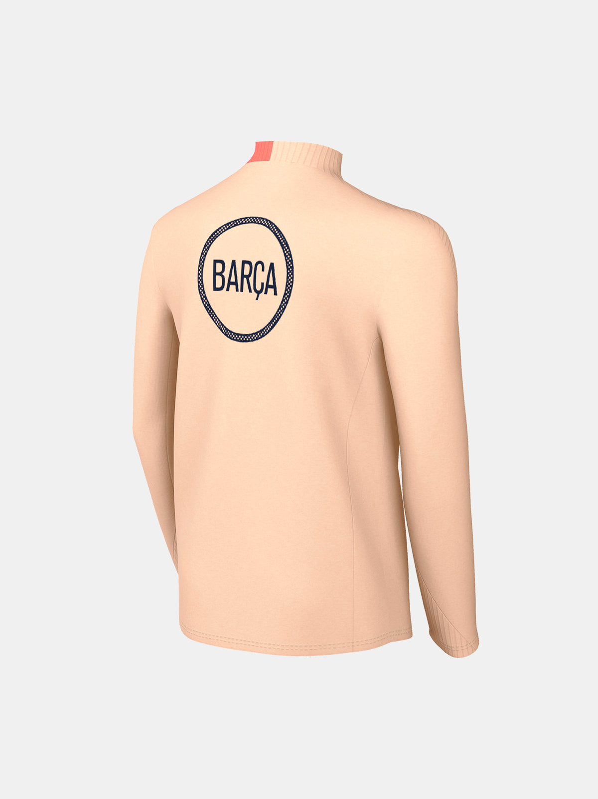 FC Barcelona long-sleeve peach training top with navy Nike logo, club crest, Spotify sponsor, and coral shoulder detail