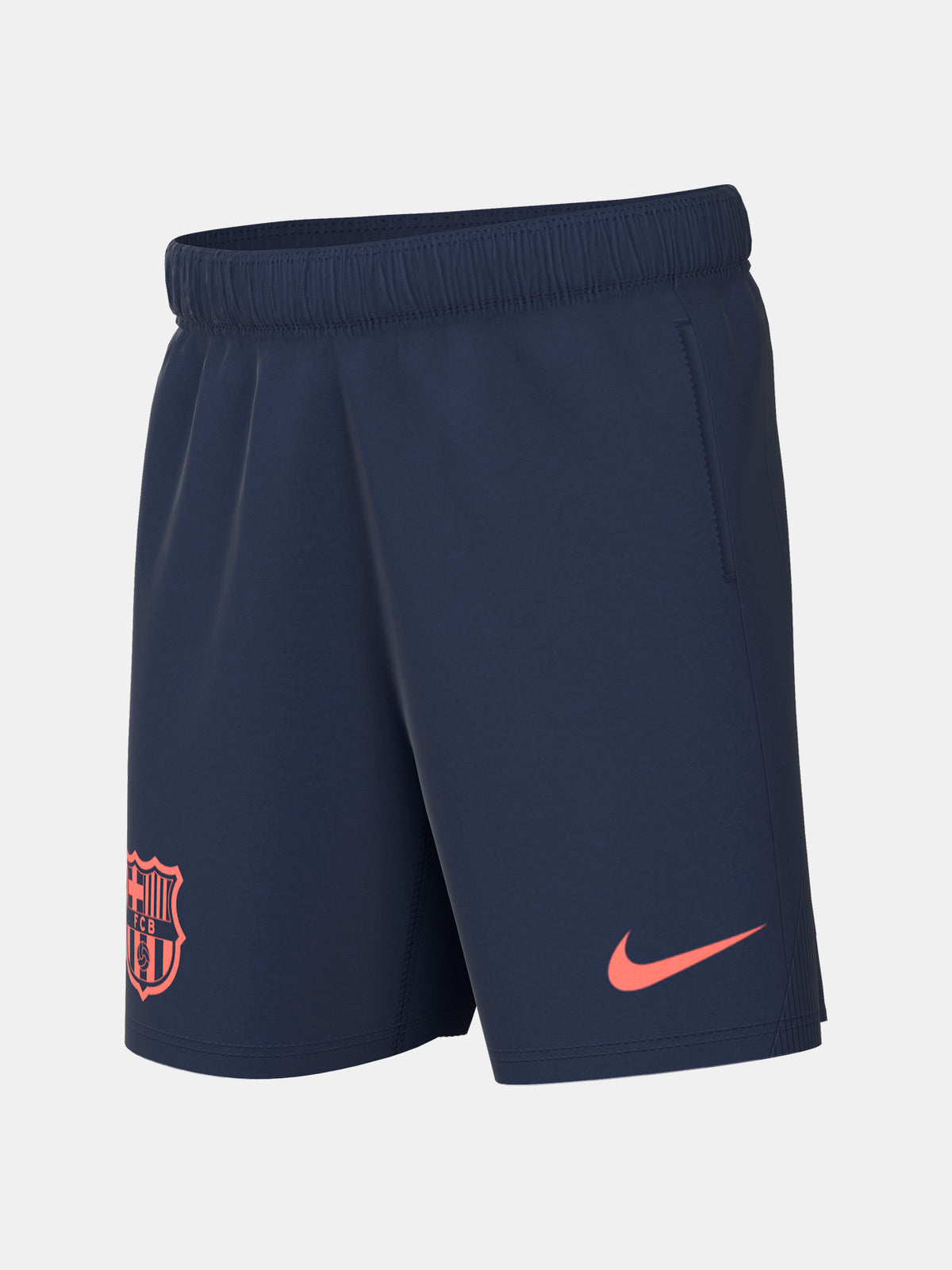 FC Barcelona navy blue training shorts with coral Nike logo and club crest