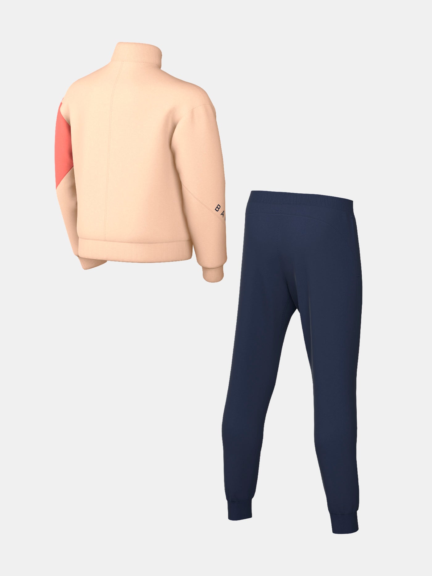 FC Barcelona Nike jacket with coral sleeve detail, paired with navy jogger pants featuring the club crest and Nike swoosh