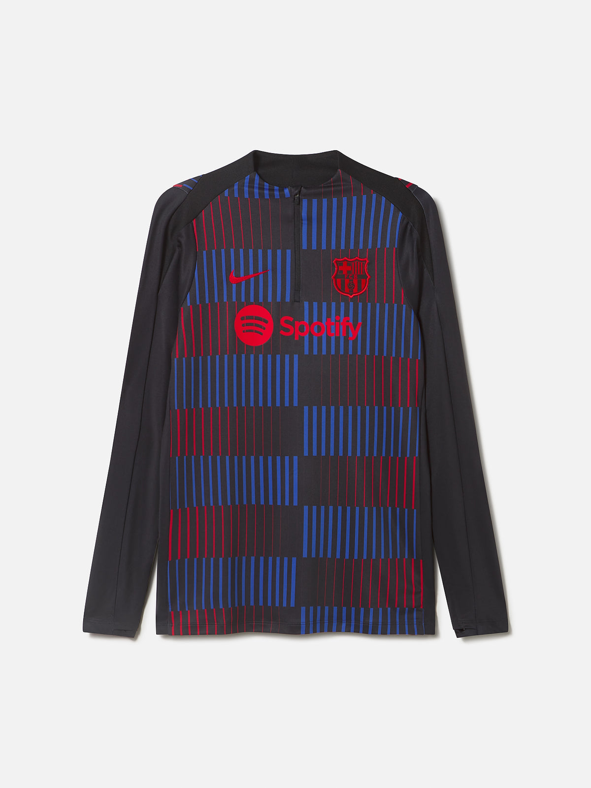 FC Barcelona long sleeve training top with red and blue striped pattern and red logos.
